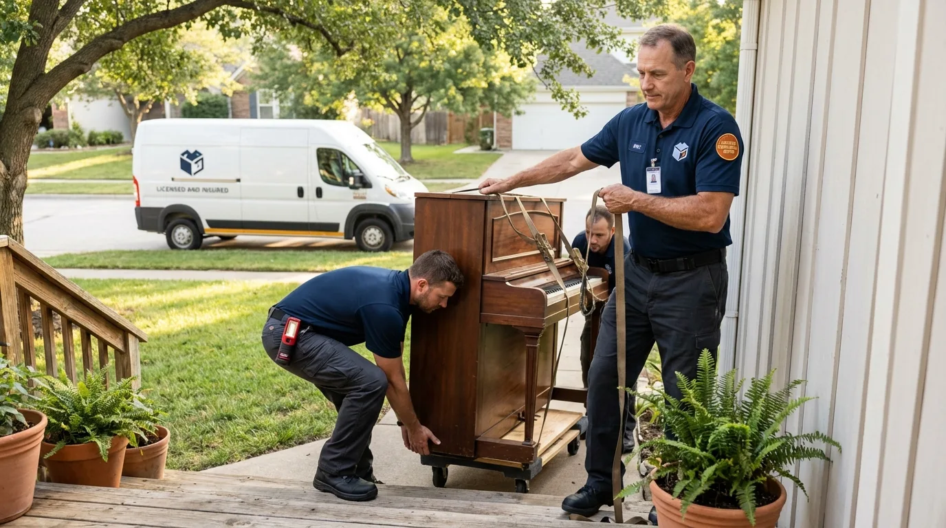 Licensed piano movers securing grand piano in Oreland, PA