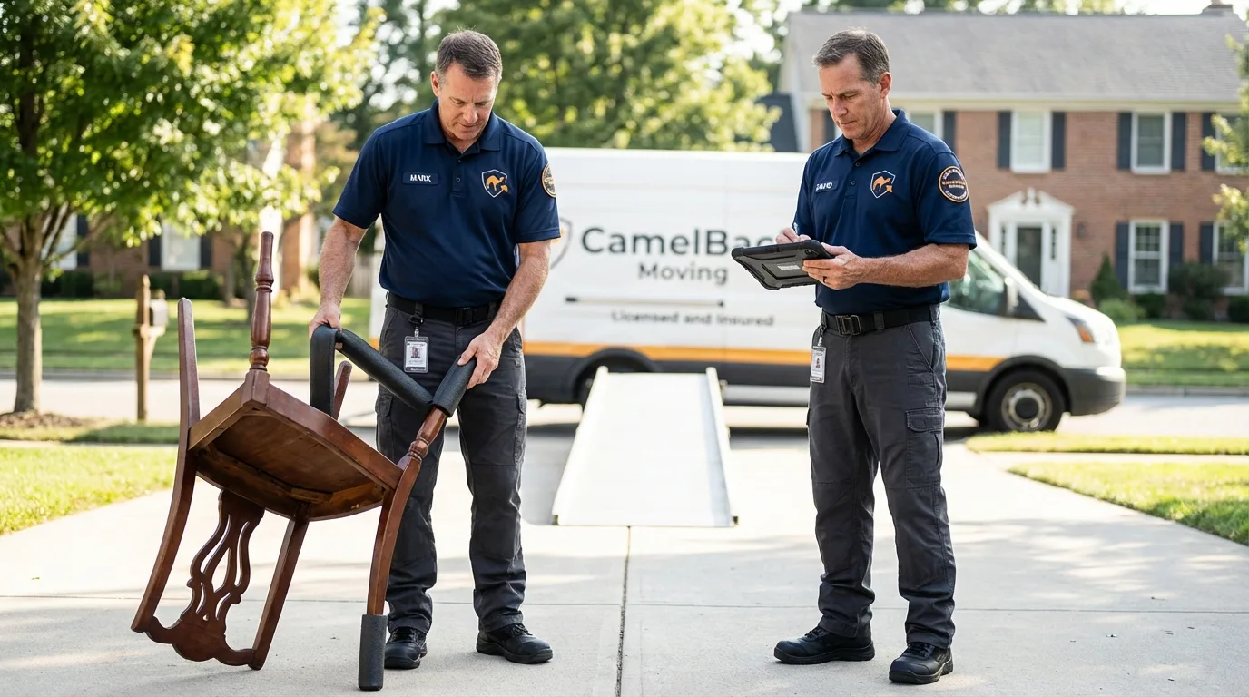 Movers inspecting furniture for damage prevention before loading in Oreland, PA