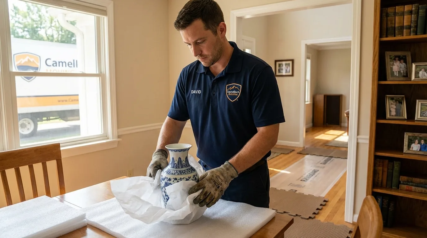 Professional crew carefully wrapping antique vase for senior downsizing move in Oreland, PA